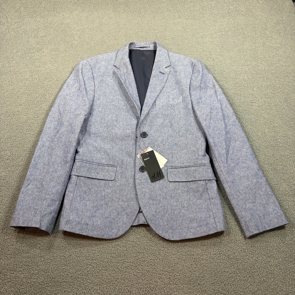 H&M Blazer Mens 36R Blue Slim Fit Sport Coat Elbow Patches 0427558 001